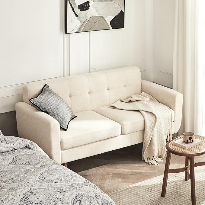 Tbfit 65" W Loveseat Sofa, Mid Century Modern Decor Love Seat Couches for Living Room, Button Tufted Upholstered Small Couch for Bedroom, Solid and Easy to Install Love Seats Furniture, Beige