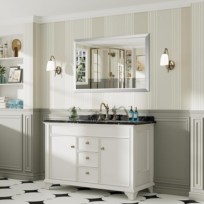 48x30 Inch Silver Bathroom Mirror for Wall, Thick Metal Framed Rectangle Mirrors for Over Sink, Bedroom, Living Room, Entryway, Anti-Rust, HD Tempered Glass