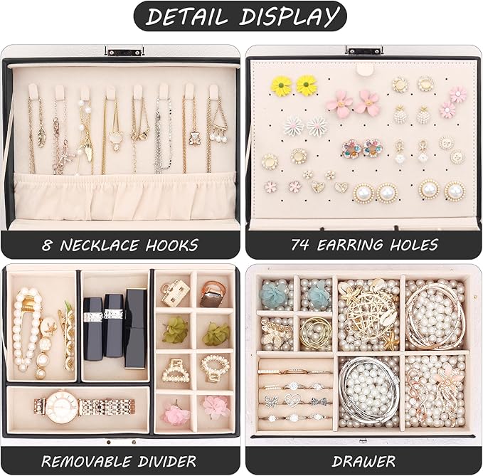 DesignSter Jewelry Organizer Box, 2 Layers Large Jewelry Box with Travel Jewelry Case, Leather Jewelry Storage Case for Rings Earrings Bracelets Necklaces (Black)