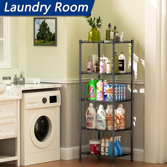 REGILLER 5-Wire Shelving Metal Storage Rack Adjustable Shelves,Standing Storage Shelf Units for Laundry Bathroom Kitchen Pantry Closet(Black,11.8" D x 16.6" W x 53.5" H)