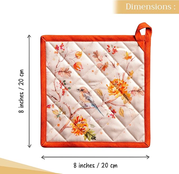 Maison d' Hermine Pot Holders Set 100% Cotton Heat Resistant Potholders 8" x 8" Hot Pads with Loop for Thanksgiving Christmas Decorations BBQ Baking Handling Hot Pans (Pack of 2, Kelim - Prairie)
