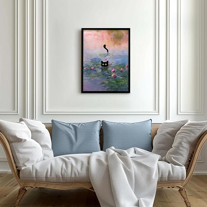 Krtoni Framed Funny Black Cat Canvas Wall Art, Black Cat in the Pink Water Lily Wall Decor, Vintage Preppy Aesthetic Animal Posters Prints for Living Room Bedroom Bathroom Decor 16''L x 12''W
