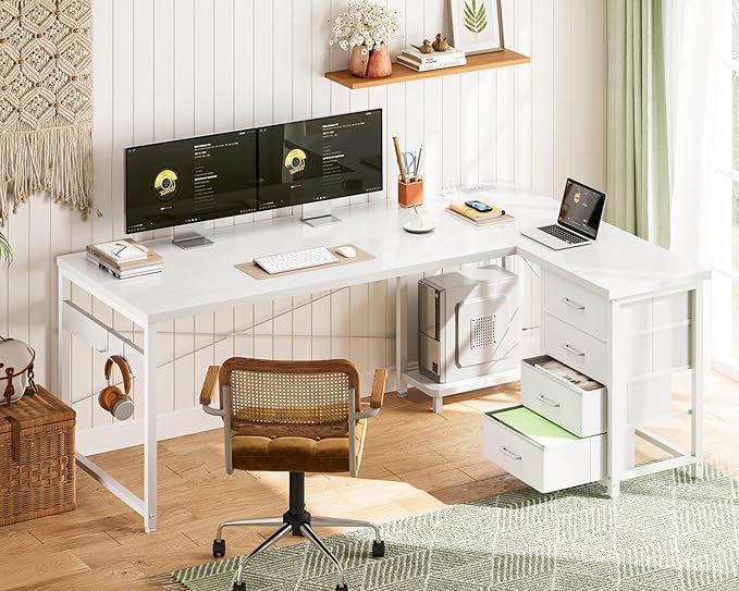 ODK 61'' L Shaped Desk with 4 Drawers, Reversible Corner Desk with Storage, Gaming Table with Power Outlets, USB Ports, PC Case Shelf, Computer Desk for Home Office, Study, Easy Assembly, White