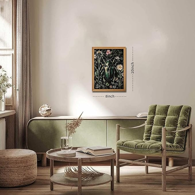 Framed Vintage 3D Textured Wall Art - Gothic Dark College Beetle Wall Decor - Hand Drawn Sandstone Nature Botanical Pictures for Living Room Bedroom Home Decor 8x10in