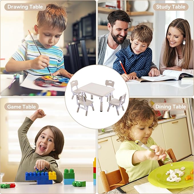 Height-Adjustable Kids Table and 4 Chairs Set, Toddler Table and Chair Set with Graffiti Desktop, 31.5''L x 23.6''W Children Activity Table for Daycare, Classroom, Home