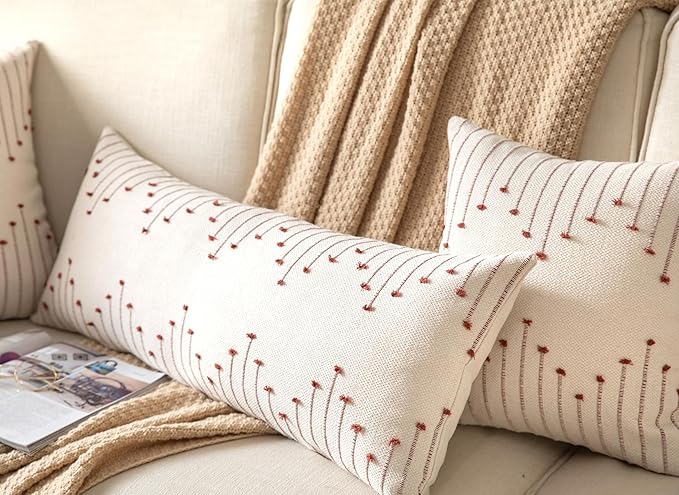 Boho Lumbar Pillow Cover 14x36 Long Pack of 1 Decorative Pillows Bed, Beige with Rust Body Throw Pillow Covers, for Modern Farmhouse Sofa Bedroom Living Room Home Decor Couch Pillowcase