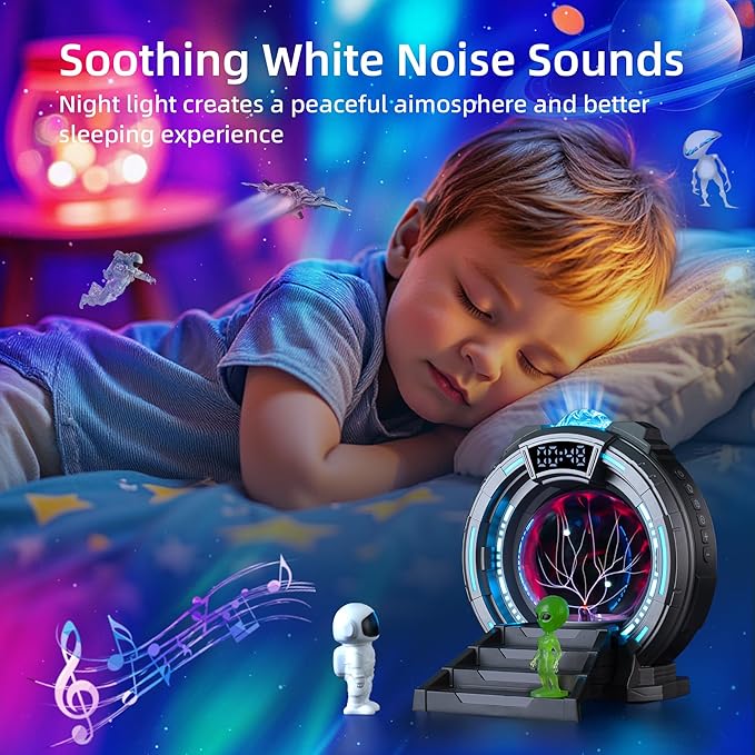 Space Portal Plasma Ball Night Light, LED Galaxy Projector Alien Lamp with White Noise, Bluetooth Music Speaker Alarm Clock,Remote,Star Light for Kids Room Decor Lamp, Christmas/Birthday Gift.(Gray)