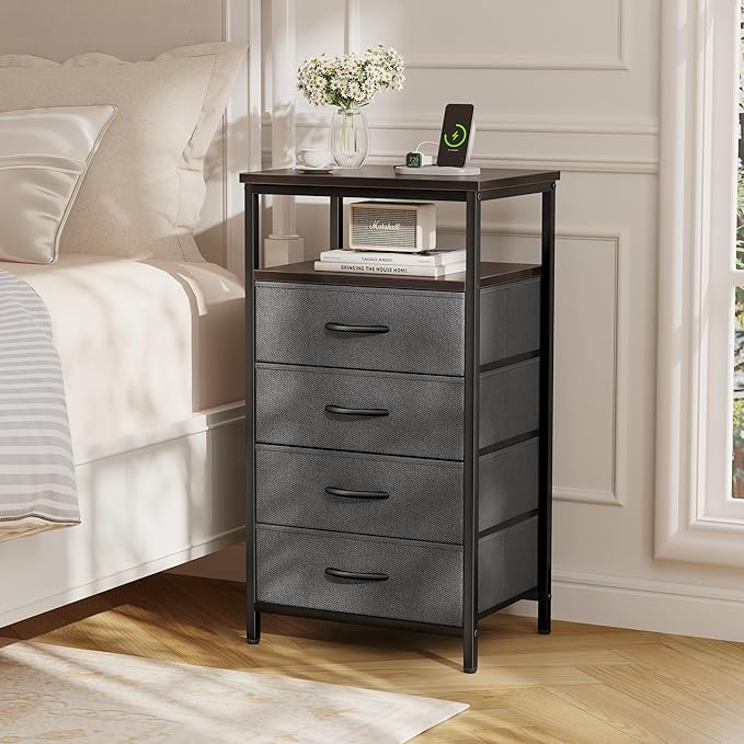 Huuger Night Stand with Charging Station, 4 Drawer Dresser for Bedroom, Bedside Table, 33.9 Inch Tall Nightstand with Open Shelf, End Table, for Closet, Entryway, Bedroom, Walnut