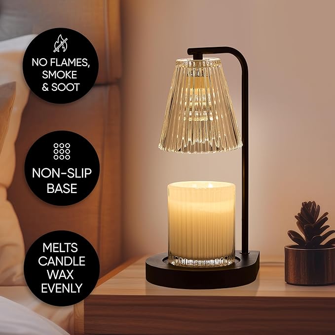 Sheffield Home Glass Candle Warmer Lamp – Elegant Candle Warmer for Long-Lasting Fragrance, Sleek Design, 13x7, Black Ribbed Glass