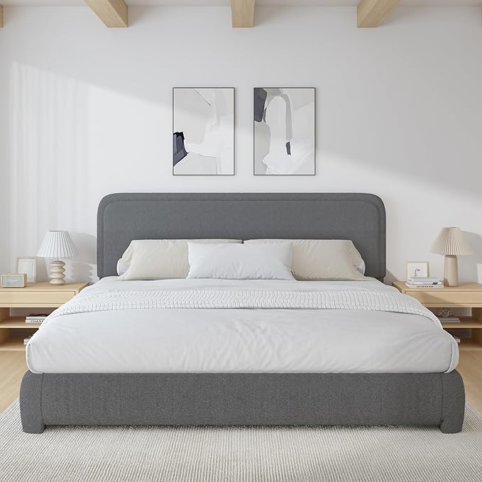 BarnFurin King Size Boucle Bed Frame and Headboard, Cloud Upholstered Platform Bed Frame, Soft Rounded Corners, Modern Style, No Box Spring Required, Easy Assembly, Dark Grey