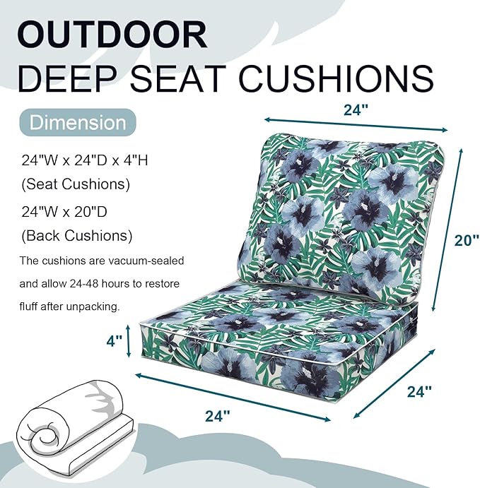Outdoor Deep Seat Cushions Set 24 x 24 Inch for Patio Furniture,Water Resistant Chair Cushions Replacement Includes Seat Cushion & Back Pillow for Sofa, Wicker Chair - Blue Salmone Tropical