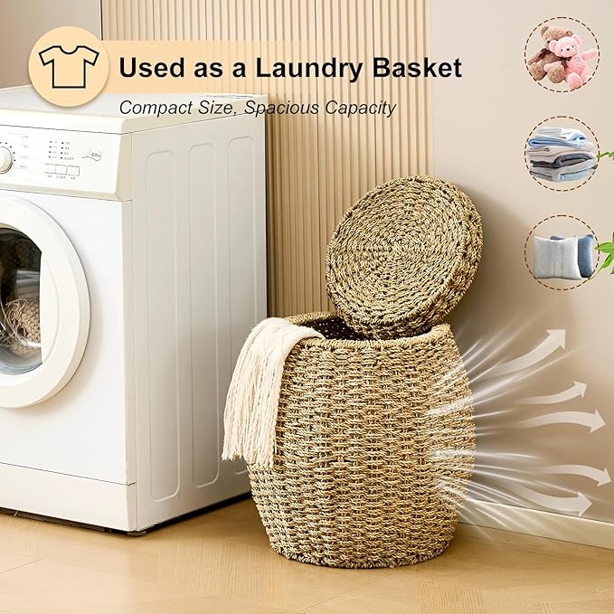 Round Wicker Basket with Lid, Handwoven Seagrass Storage Basket, Blanket Organizer Basket for Laundry, Bathroom, Bedroom, Living Room, Office