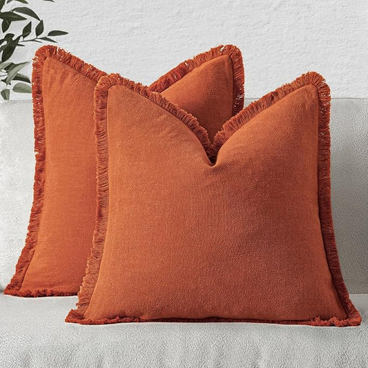 MIULEE Fall Decorative Throw Pillow Covers Neutral Linen Fringe Throw Pillows Set of 2 Burnt Orange Boho Farmhouse Cushion Covers with Tassels for Couch Sofa Bed Living Room Home Decor 22x22 Inch