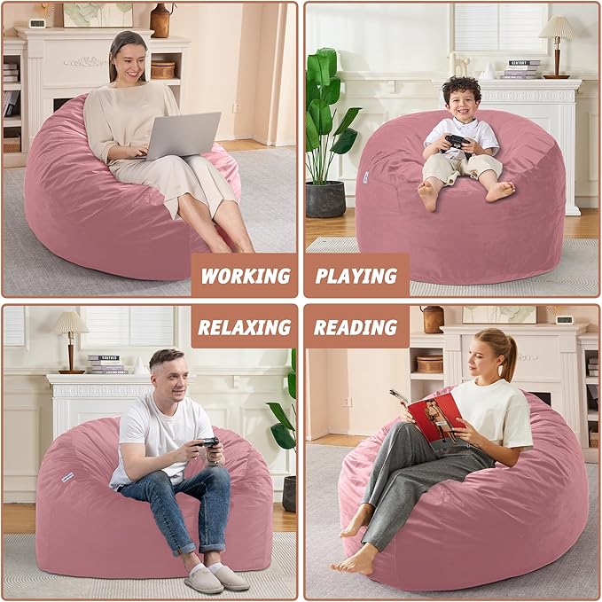 3FT Bean Bag Chair with Ultra Soft Velvet Cover Bean Bag Sofa with Memory Foam Bean Bag Chairs with Large Size Lazy Sofa for Dorm Office Living Room Bedroom Soft Pink 3'
