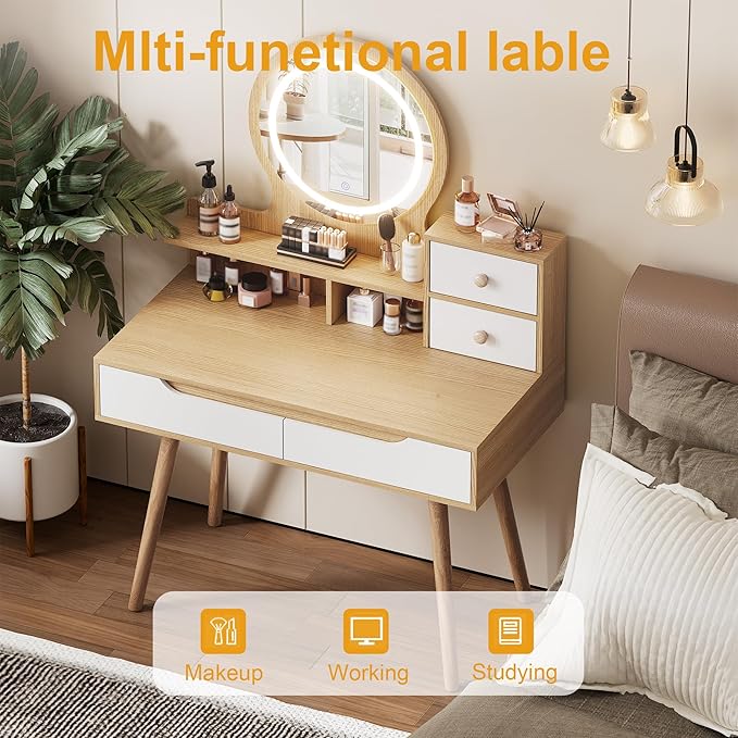Ball & Cast 31.5" Vanity Desk with 3 Adjustable Lighted Mirror and Solid Wood Table Feet,MakeupDressing Table Set w/ 4 Drawers & 3 Open Shelves, for Small Space Bedroom Office,Nature