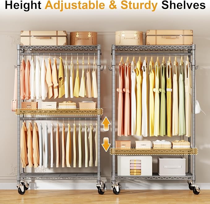 P1 Rolling Clothing Rack with Lockable Wheels, Heavy-Duty Garment Rack for Hanging Clothes, Portable Closet Wardrobe with Shelves, 35.5" W x 15.7" D x 80.5" H, Hold 500lbs, Grey