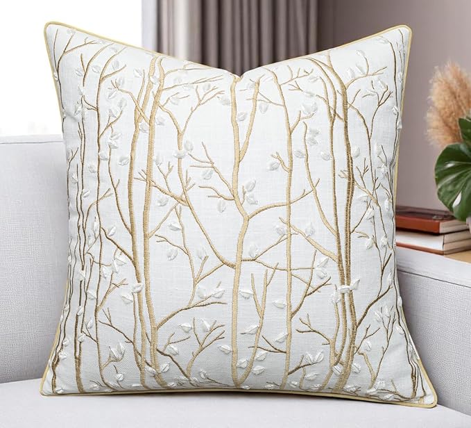 VAGMINE Embroidered Forest Throw Pillow Cover - 20x20 Inches Square - 100% Cotton Ivory Decorative Cushion Cover - Elegant Embroidery - Rustic Home Accent for Sofa, Bed, Couch, Farmhouse Décor