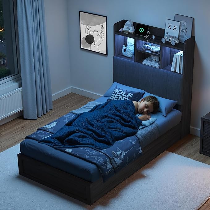 Twin Farmhouse Bed Frame with Bookcase Headboard and 4 Drawers, LED Storage Bed with Charging Station & Linen Upholstered, No Box Spring Needed, Black