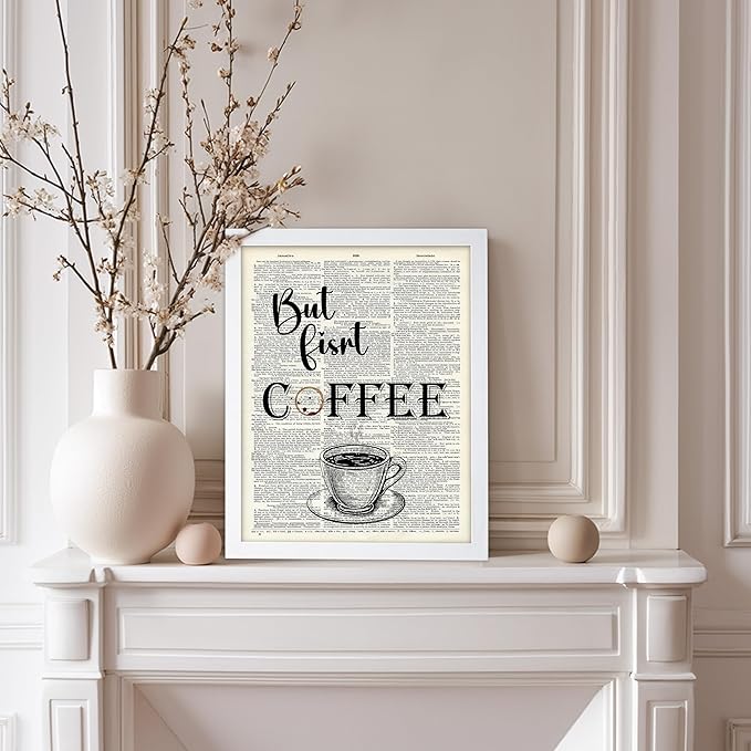 Poster Master Dictionary Art Poster - But First Coffee Print - Cafe Art - Gift for Men, Women, Coffee Lovers & Barista - Funny Decor for Kitchen, Restaurant or Dining Room, 8x10 White Framed