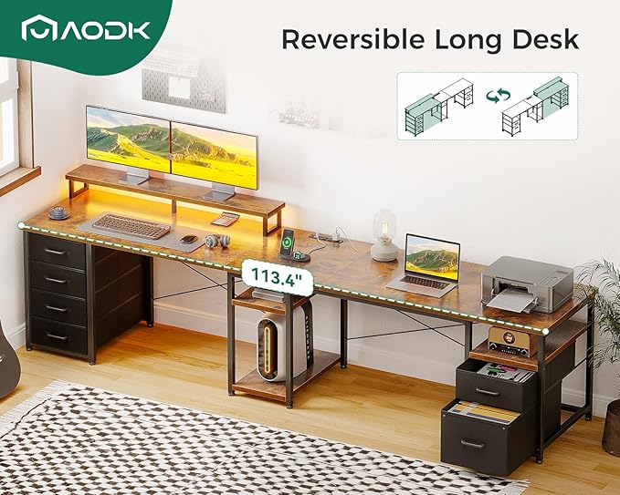 AODK 66" L Shaped Computer Desk, 113“ Reversible Home Office Desk with File Cabinet & 4 Fabric Drawers, Two Person Desk with LED Lights & Power Outlet, Corner Gaming Desk with Monitor Shelf, Vintage