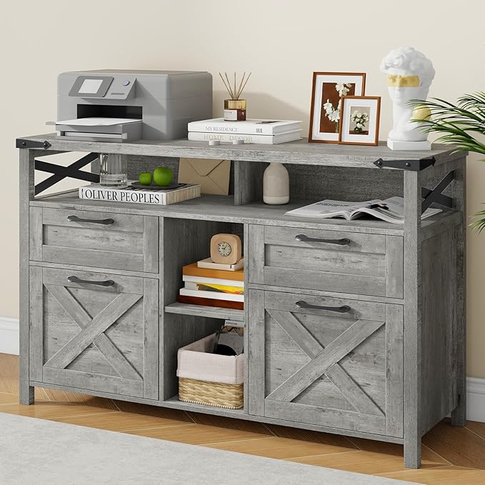 Farmhouse Filing Cabinet with Adjustable Shelf for Home Office, Lateral File Cabinets 4 Drawers with Open Storage Shelf, Filing Organization Storage Cabinets for Hanging Files Letter/A4.(Grey)