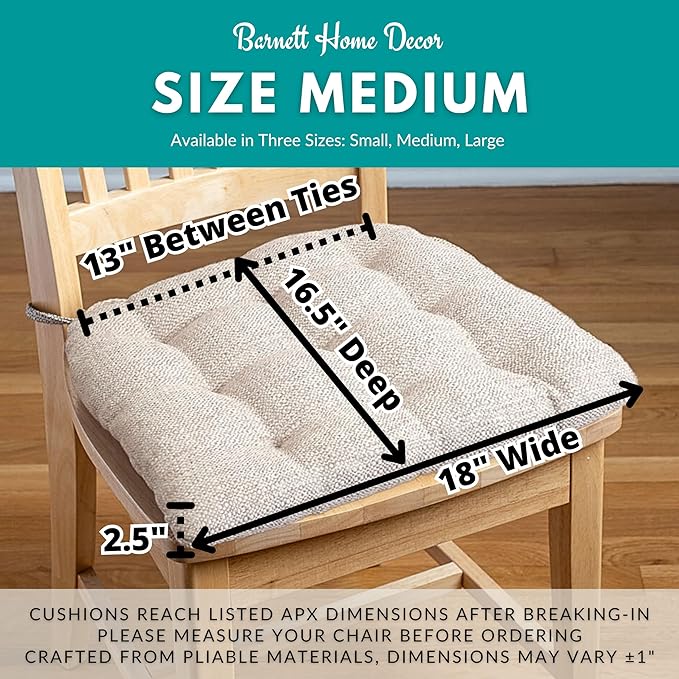 Barnett Home Decor Brisbane Natural Dining Chair Cushions with Ties - 16.5 x 18 Size Medium Chair Pad - Latex Foam Fill, Reversible - Made in USA (Ivory)