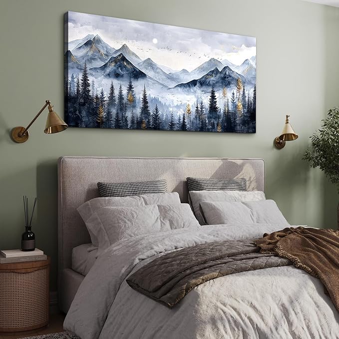 SERIMINO Mountain Landscape Large Wall Art, Misty Forest Canvas Prints, Blue Gold Watercolor Pine Tree Paintings Wall Decor Living Room Bedroom, Natural Scenery Office Decor Pictures 30"X60"