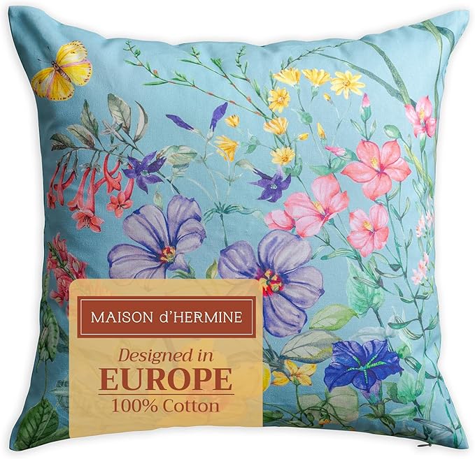 Maison d' Hermine Decorative Pillow Covers 18 x 18 Inch Square 100% Cotton Throw Pillow Covers with Invisible Zipper for Living Room Couch, Chair, Sofas, Bedroom, Home (Hesperides - Fleur)