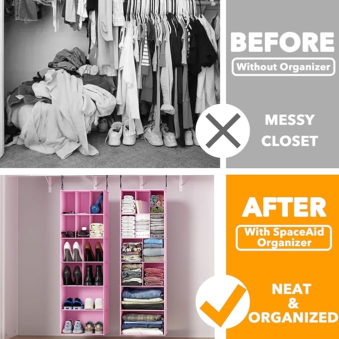 SpaceAid 2 Pack Hanging Closet Organizer and Storage with Dividers, 24 Compartments Hanging Shoe Shelves for Closet, Wardrobe, RV, Garment Rack - Pink