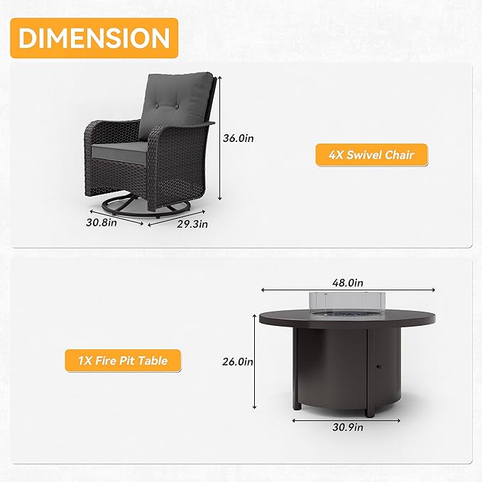 Kurapika 5 Pieces Patio Furniture Set, Rattan Wicker Outdoor Conversation Sets, 4 Woven Rattan Swivel Chairs w/48in Propane Fire Pit Table and Thickened Cushions, Grey