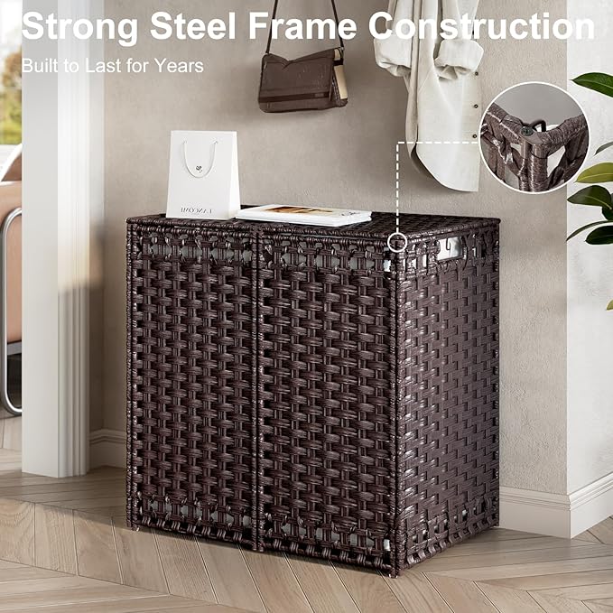 170L Foldable Laundry Hamper with Lid - Handwoven Rattan Storage Basket, 2-Section Clothes Hamper w/2 Removable Liner Bags, Easy Assembly, Portable for Bedroom Bathroom Dorm,Brown