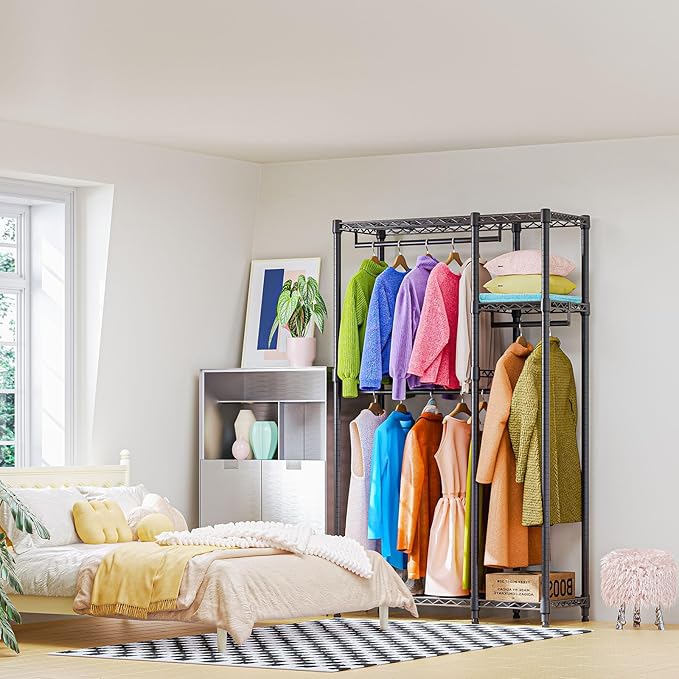 Heavy Duty Rolling Garment Rack 3 Tiers Adjustable Wire Shelving Clothes Rack with 1 Rods and Side Hooks,Storage Closet Clothing Rack Black 15.7" D x 43.3" W x 76.5" H