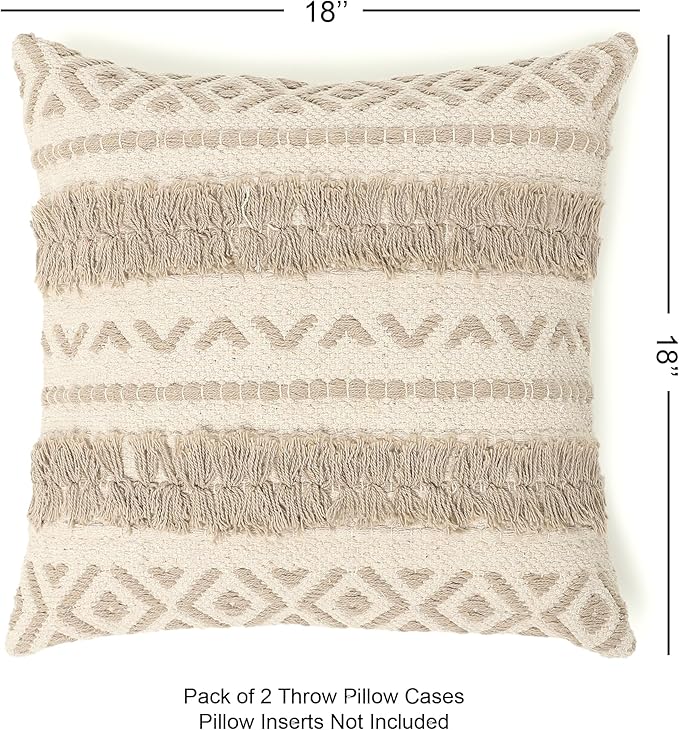 REDEARTH Handmade Boho Throw Pillow Covers - Bohemian Chic Farmhouse Style - Accent Woven Indoor and Outdoor Pillow Cushion Cases for Couch - Bed - Chair - Sofa - Benches – Set of 2-18"x18" - Taupe