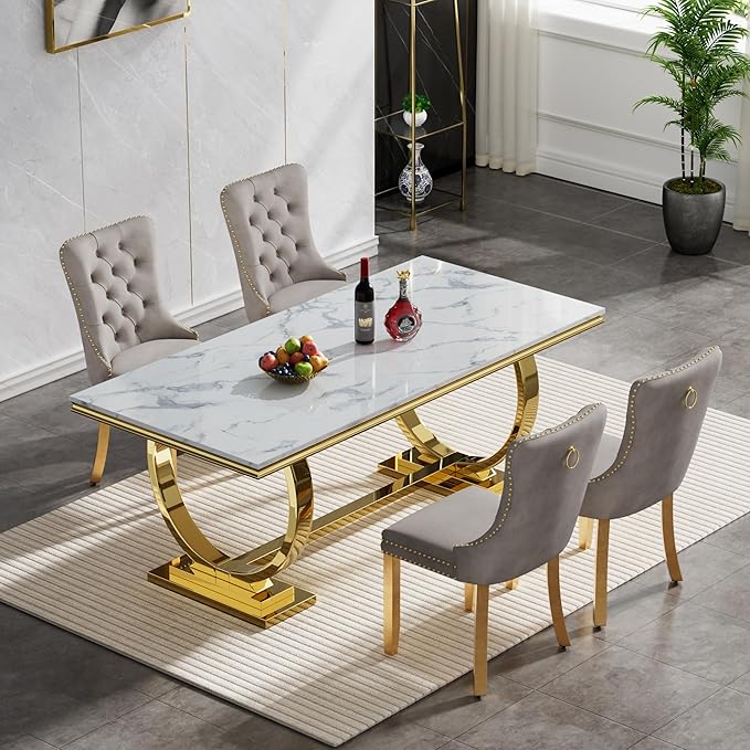 Goujxcy 5 Piece Marble Dining Table Set for 4, Luxury White Marble Gold Kitchen Table with 4 Grey Velvet Upholstered Chairs, Modern 4 Person Dining Room Table Set for Kicken Dining Office Room