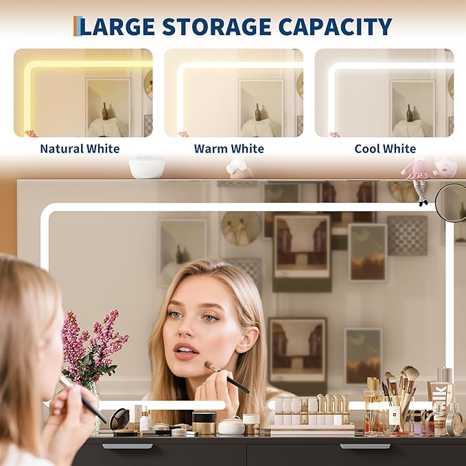 Vanity Desk with Large Mirror and Lights, Makeup Vanity Desk Set with Power Outlet, Stool, 10 Drawers Storage, Magnifying Glass, Hairdryer Holder, 3 Lighting Color Adjustable for Bedroom (Black)