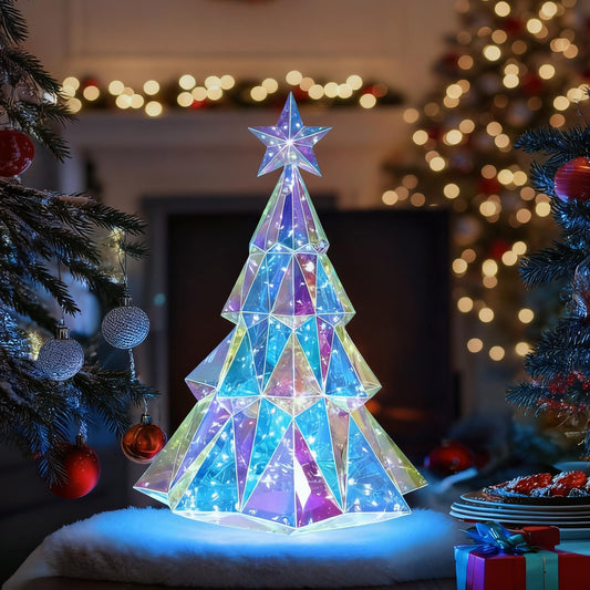 Prismatic Rainbow Iridescent LED Desktop Christmas Tree – 100-LED Prismatic Glow Tabletop Holiday Décor with USB Power for Home, Office & Party