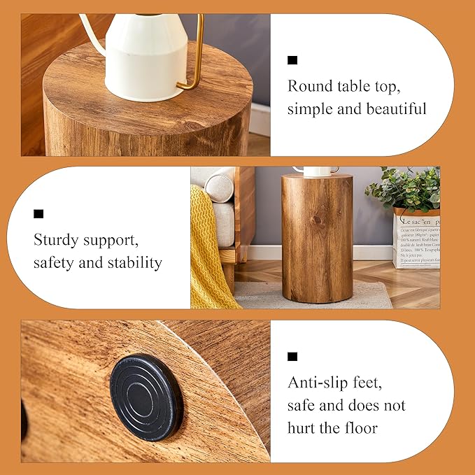Modern Round Top Coffee Table,12Inch Cylindrical End Table,Small Side Table with Texture for Living Room,Office,Apartment