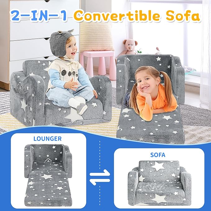 Kids Couch for Toddlers, 2-in-1 Kids Sofa Toddler Couch Chair Glow in The Dark, Comfy Soft Foldable Kid Chair for Girls and Boys