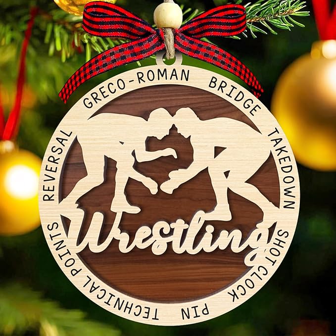 Wrestling Christmas Ornament 2025-2 Layer Wooden Wrestling Ornaments for Christmas Tree - Wrestler Hanging Decor Ornament - Gifts for Wrestlers, Coaches, Fans, Sport Lovers - Sports Wood Ornaments