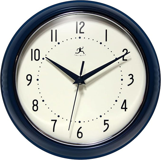 Infinity Instruments Retro 9.5 Inch Round Indoor Wall Clock, Navy Blue