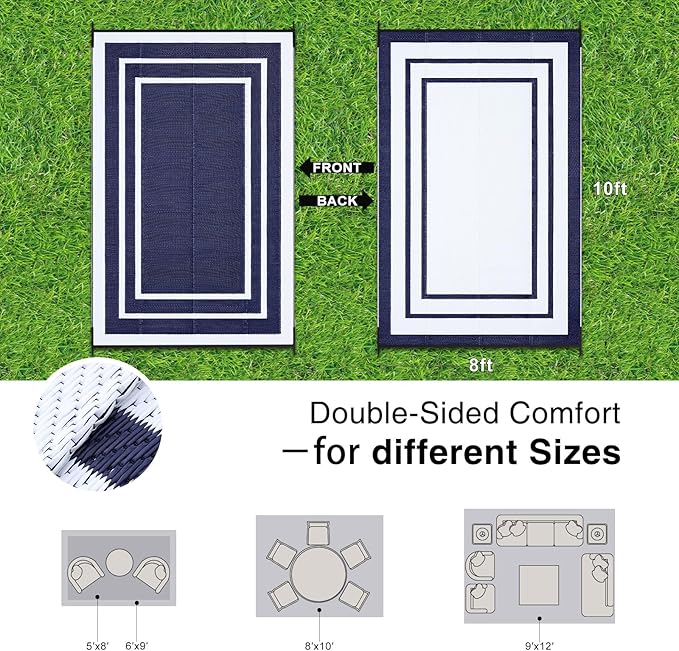 OLANLY Outdoor Rug 8x10 ft Waterproof, Reversible Outdoor Plastic Straw Rug, RV Mat, Indoor Outdoor Carpet Clearance for Patio, Camping, Balcony, Deck, Backyard, Navy & White