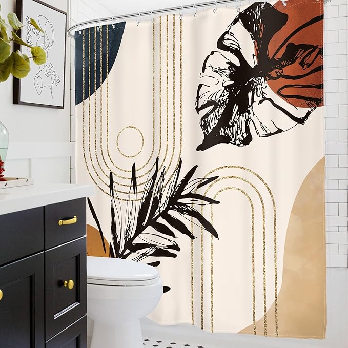 Glawry Abstract Tropical Shower Curtain Boho Watercolor Red Brown Palm Leaf Plant Botanical Bathroom Minimalist Bohemian Leaves 60Wx72L Inches Bath Accessories Art Home Decor Fabric with Hooks