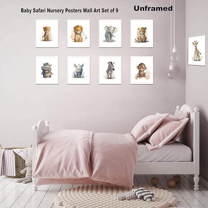 Funny Bathroom Animal Canvas Wall Art Set of 9, Baby Nursery Posters Wall Decor Painting,Tiger Lion Elephant Giraffe Monkey Posters Prints for Bathroom Bedroom Babyroom 8x10In Unframed