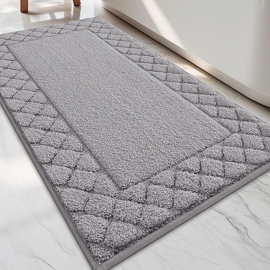 LUMI Bathroom Rugs, Ultra Soft Absorbent Bath Mat for Shower, Non Slip Washable Bath Rugs with Rubber Backing, Microfiber Plush Quick Dry Floor Mat for Bathtub, Floor, White, Grey, 24x43