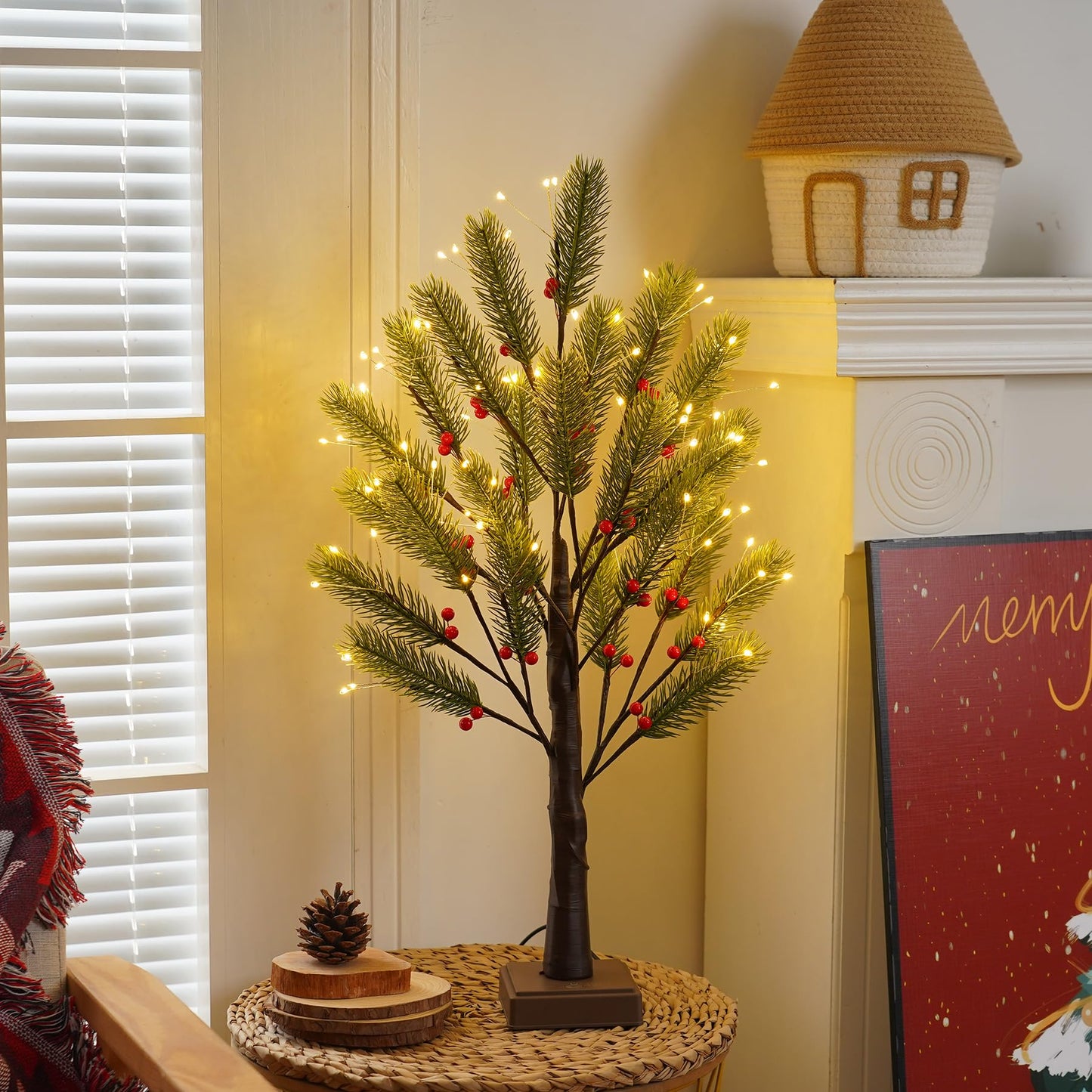 PXBNIUYA 72 LED Artificial Lamp with Timer, DIY Christmas Tree Lights, USB/Battery Powered Desktop Bonsai Tree Pine Needles, Fairy Light Spirit Tree for Indoor Table Home Wedding Bedroom-Warm White