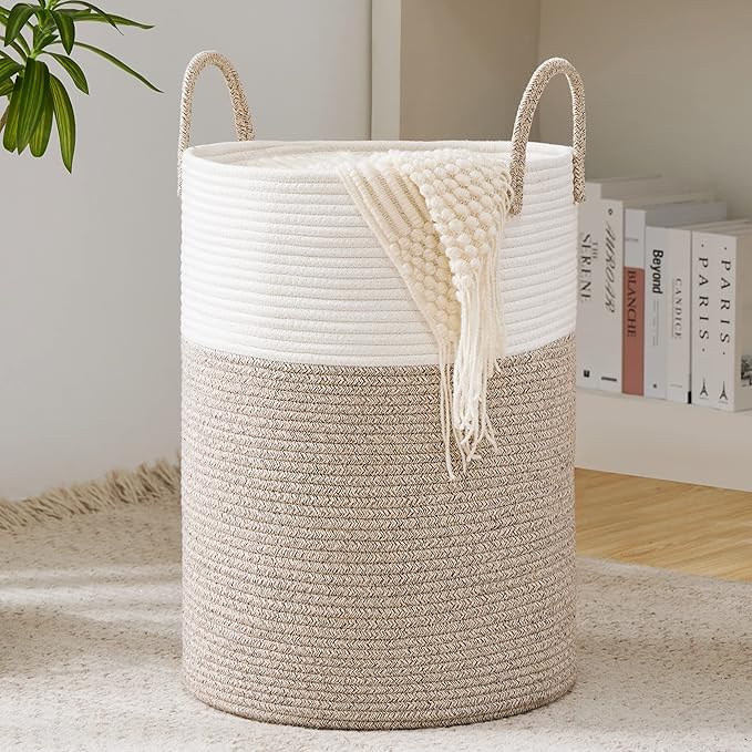 Woven Rope Laundry Hamper Basket, 58L Tall Laundry Basket, Baby Nursery Hamper for Blanket Storage in Bedroom-Large-Brown