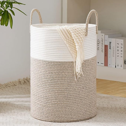 Woven Rope Laundry Hamper Basket, 58L Tall Laundry Basket, Baby Nursery Hamper for Blanket Storage in Bedroom-Large-Brown
