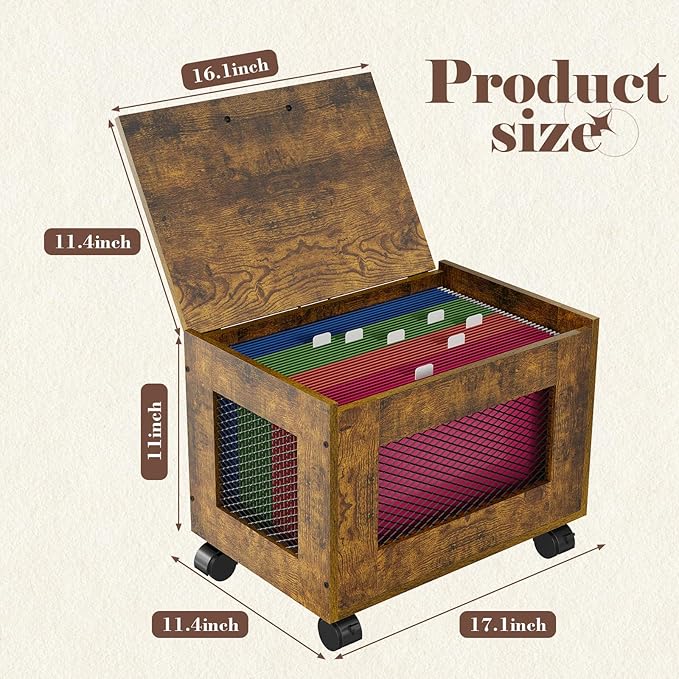 Rolling File Cabinet Cart, Hanging File Organizer Box with Lid for Home Office, Small Filing Cabinet on Wheels Under Desk, Mobile Decorative Document Storage Basket for Letter & Legal Size