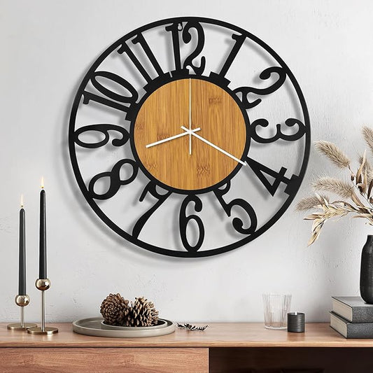 Maxstar Wall Clock Battery Operated,Silent Non-Ticking Modern Rustic Metal Round Clocks Small for Living Room/Bedroom/Office/Kitchen/Farmhouse Home Decor-16 Inch(Yellow-Wood)