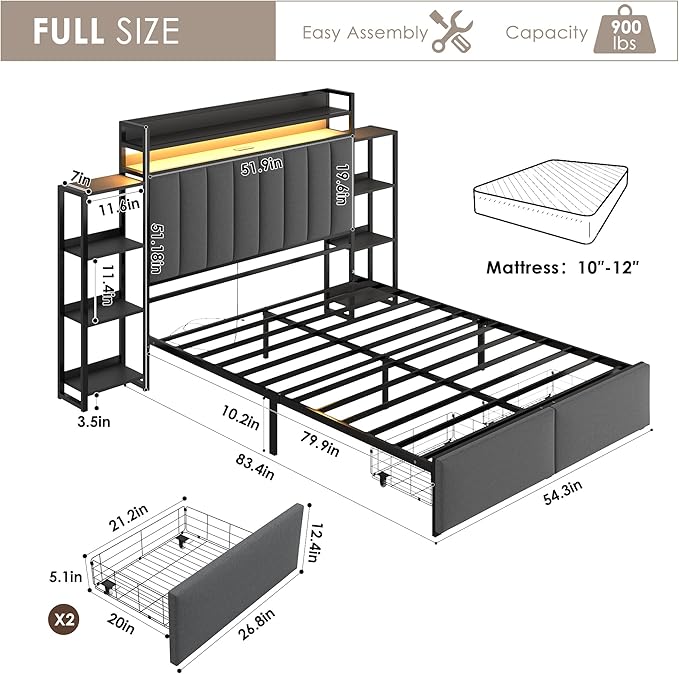Keyluv Full LED Bed Frame with Storage Headboard & 2 Drawers, Upholstered Platform Bed with Charging Station & Bedside Storage Rack, Metal Slat Support, No Box Spring Needed, Linen Fabric, Black